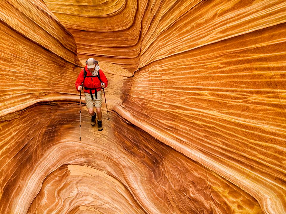 Coyote Buttes, Arizona li Emerîkayê Serdêrek, li girên Coyoteyê ku li herêmên bakur ê Arizonayê ye, di nav pêkhateyeke xîzî ya ku bûye fosîl de, dimeşe. Navê vê pêkhateyê “pêl” e. Jûra Rêveberiya Erdan a li Emerîkayê, ji bo serdana xwezayê destûrê tenê di
